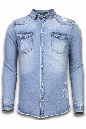 Enos Spijkerjasje - Denim Shirt - Spijkerblouse Slim Fit - Damaged Sleeves