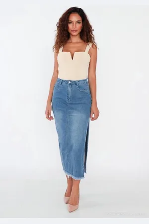 Merkloos NIEUWE COLLECTIE! Lange jeans rok met split aan de zijkant - maat 34 (64)