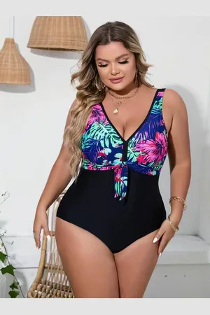 Merkloos Badpak wijde model- - Casual zwempak- Dames Plus size kleurblok swimsuit- V hals tropishe print zwemkleding&bikini strandkleding 252-