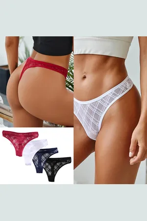 Merkloos 4 Pack - Luxe Dames String - Transparant Geruit - Zwart, Blauw, Rood en Wit - Dames Lingerie / Ondergoed Set