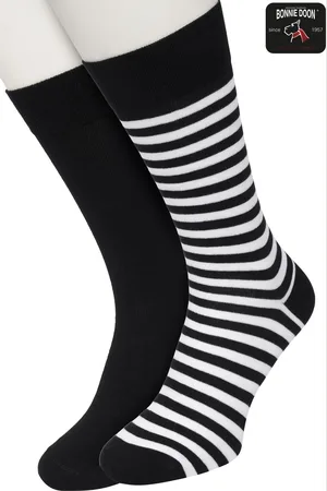 Bonnie Doon Sokken Set Gestreept en Effen voor Heren maat 40/46 - Set met 2 paar Sokken - Strepen - Katoenen Sok - Gladde Naden - Brede Boord - Perfecte Pasvorm - 2-pack - Multipack - Black - White - OL0121012.142
