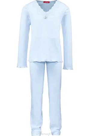 Hanssop Luxe mooie zacht blauwe Girly Pyjama Set van met verfijnde kant details, Meisjes pyjama, licht , maat 128