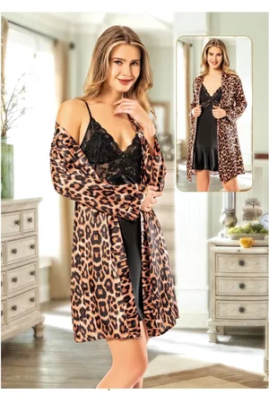 Merkloos Kimono- Nachtjapon- Pyjama set- Sexy Kimono met nachtjapon- Sexy nachtkleding- Kanten Nachtjurk- Beste kwaliteit 2-delig set 3029- Panterprint zwart
