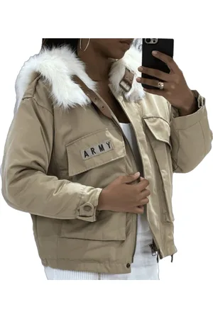 Merkloos Dilena fashion piloten beige jack-jas army-zakken-afneembaar bont kraag