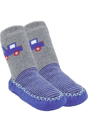 Merkloos Baby Slofjes - Jongens Pantoffels - Autootjes - Grijs-Blauw