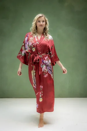 Merkloos Luxe Kimono satijn - Premium collectie - Prachtig pauw en bloemendesign - - one size - lang model