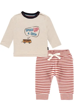 Noppies Kledingset - 2delig - Broek rood gestreept - Shirt Oatmeal met print