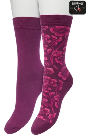Bonnie Doon Dames Sokken set Donker Paars maat 36/42 - 2 paar - Effen - Bloemen - Print - Gladde Naden - Brede Boord - Uitstekend Draagcomfort - 2-pack - Multipack - Effen - Barock Flower - Paars/Roze - - OL221505.192