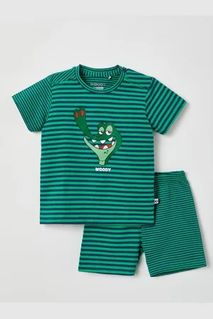 Woody Unisex Pyjama - marine blauw-grasgroen gestreept - krokodil - 1m