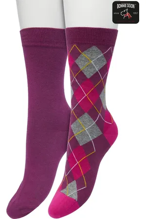 Bonnie Doon Dames Sokken set Donker Paars maat 36/42 - 2 paar - Effen en Geruit - Gladde Naden - Brede Boord - Uitstekend Draagcomfort - Perfecte Pasvorm - 2-pack - Multipack - Effen - Argyle - Paars/Roze - - OL211122.192