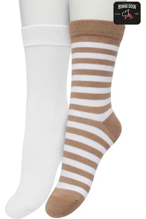 Bonnie Doon Sokken Set Gestreept en Effen voor Kinderen Bruin/Wit maat 35/38 - Set met 2 paar Sokken - Unisex - Jongens - Meisjes - Kids - Strepen - Katoen - Gladde Naad - 2-pack - Multipack - Lichtbruin - Licht Bruin - - OL0431012.345