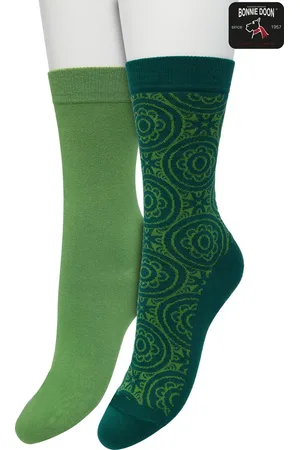 Bonnie Doon Dames Sokken set Groen maat 36/42 - 2 paar - Effen en Print - Bloem - Gladde Naden - Brede Boord - Uitstekend Draagcomfort - Perfecte Pasvorm - 2-pack - Multipack - Effen - Ornament Tile - Trekking Green - - OL211501.273
