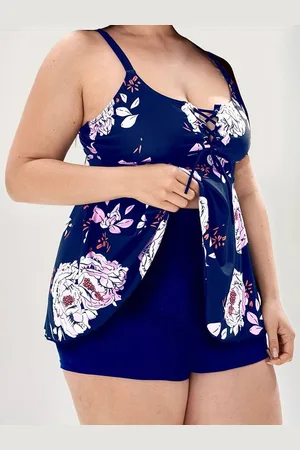 Merkloos Plus Size Boho Tankini Set- Bloemenprint Vetersluiting Ronde Hals Verstelbare Band Peplum Cami Top & Shorts 2-delige Set- Dames Badmode Bikini Badpak Zwempak Strandkleding 906-