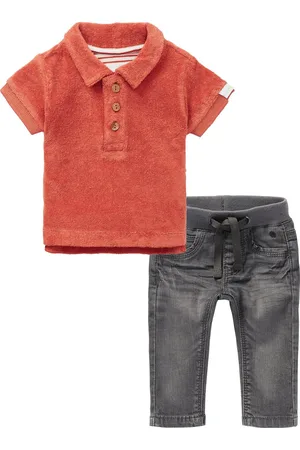 Noppies Kledingset - 2delig - Broek Navoi Jeans Grey Denim - shirt Polo badstof Tonga oranje