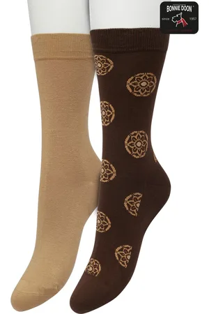 Bonnie Doon Dames Sokken set Beige/Bruin maat 36/42 - 2 paar - Effen - Print - Bloem - Gladde Naden - Brede Boord - Uitstekend Draagcomfort - 2-pack - Multipack - Effen - Mini Mandala - Macaroon - - OL221512.158