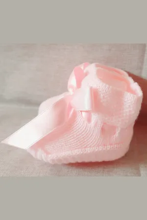 Mac Gebreide Baby Slofjes| baby sokjes | PA49 | / babyroze |Unisex | Met satijnlint om te strikken | One size
