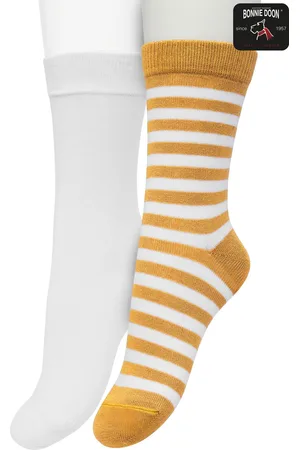 Bonnie Doon Sokken Set Gestreept en Effen voor Kinderen Oranje/Wit maat 27/30 - Set met 2 paar Sokken - Unisex - Jongens - Meisjes - Kids - Strepen - Katoen - Gladde Naad - 2-pack - Multipack - White - - OL0431012.356