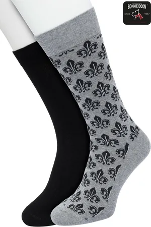 Bonnie Doon Heren Sokken set Zwart/Grijs maat 40/46- 2 paar - Effen - Lelie Bloem - Print - Gladde Naden - Brede Boord - Uitstekend Draagcomfort - 2-pack - Multipack - Effen - Fleur de Lis - Black - Grey Melange - OL2225022.498