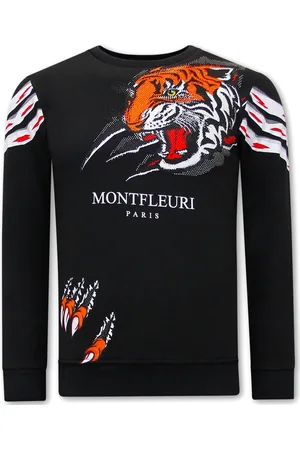 TONY BACKER Heren Sweater met Print - Tiger Head - 3636 - Black
