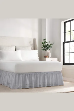 Merkloos Gegolfde bedrok met oogjesvelours - Grijs - Koningin/Koning Corner Bed Skirt