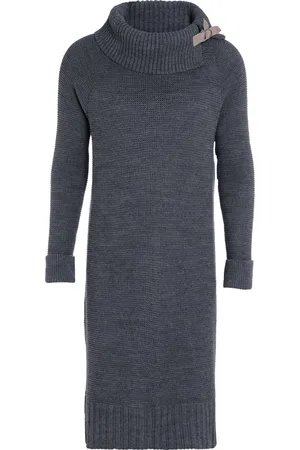 Knit Factory Jamie Gebreide Dames Jurk - Trui jurk dames - Wollen jurk - Herfst- & winterjurk - Wijde jurk - Met warme opstaande kraag - - 36/38 - Knielengte