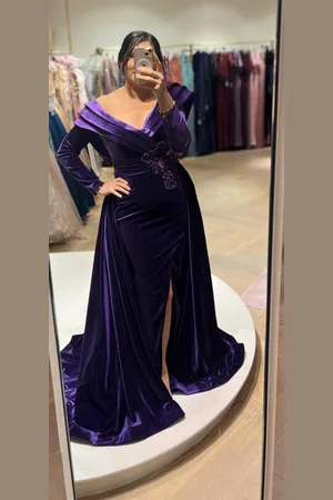 Merkloos ELIS - Double Breasted Neckline Pleated Purple Satin Long Evening Dress