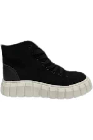 Merkloos Dames Hoge Veter Sneaker zwart hoge zool wit