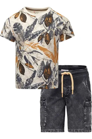 Noppies Bio kledingset - 2delig - broek Short Glan - Ebony - shirt Gingoog Antique White all over print