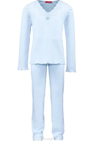Hanssop Luxe mooie zacht blauwe Girly Pyjama Set van met verfijnde kant details, Meisjes pyjama, licht , maat 116
