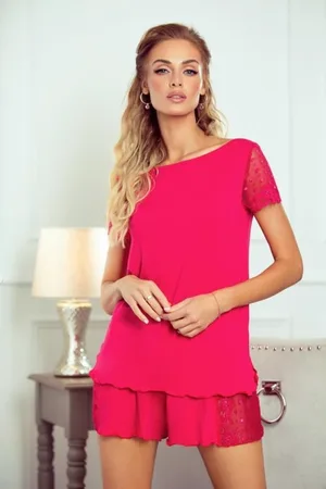 Eldar Nicola shortama met kant- /framboos- viscose XXL