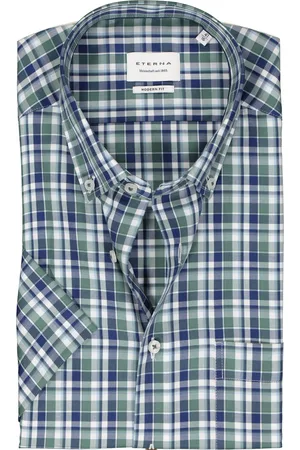 ETERNA Modern fit overhemd korte mouw - twill - groen geruit - Strijkvrij - Boordmaat: 40