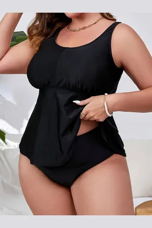 Merkloos Tankini Set- Groten maten Dames Effen Pelum Ronde Hals 2-delige Tankini Set- Badpak Zwemkleding Bikini Badkleding Badmode Strandkleding 894- Zwart