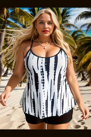 Merkloos Grote maten Casual Tankini set- Dames tie-dye Cami top V-hals Tankini set- 2-delig Badpak Bikini Zwempak Strandkleding 332- Zwart