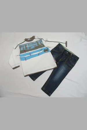 Dirkje Jongens, kledingset , tshirt lange mouw , creme + jeans , 80