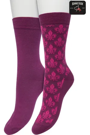 Bonnie Doon Dames Sokken set Donker Paars maat 36/42 - 2 paar - Effen - Lelie Bloem - Print - Gladde Naden - Brede Boord - Uitstekend Draagcomfort - 2-pack - Multipack - Effen - Fleur de Lis - Paars/Roze - - OL221504.192