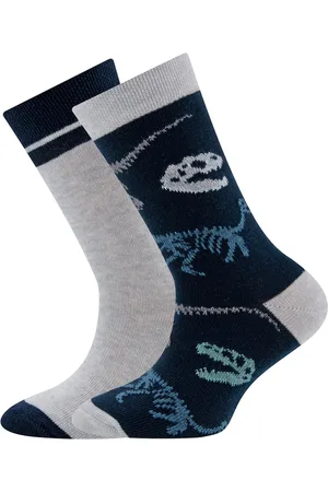 Ewers Kindersokken - Set / 2-Pack - Dino Skeletten & Effen met Rand - Lichtgrijs & Donkerblauw-27/30