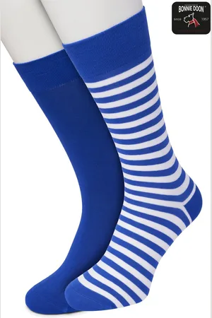 Bonnie Doon Sokken Set Gestreept en Effen voor Heren maat 40/46 - Set met 2 paar Sokken - Strepen - Katoenen Sok - Gladde Naden - Brede Boord - Perfecte Pasvorm - 2-pack - Multipack - Cobaltblauw - White - Cobalt - OL0121012.183