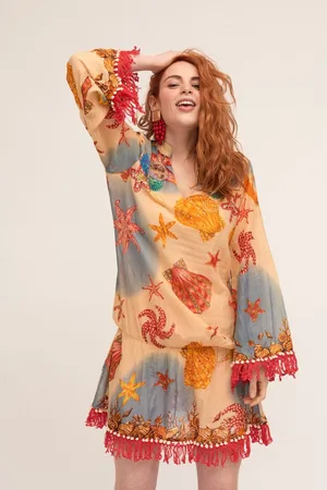 Puro Lino Katoenen zomer tuniek in ROOS met franjes en lage talie