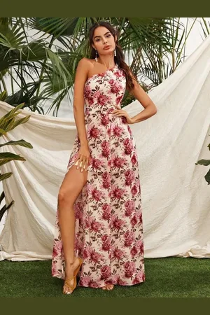 Merkloos Beeldige Exclusieve one shoulder maxi feestjurk/galajurk - bloemenmotief - maat 36