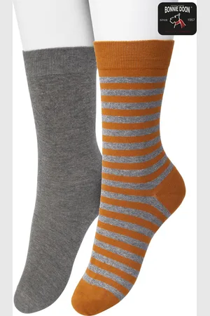 Bonnie Doon Sokken Set Gestreept en Effen voor Kinderen Bruin/Grijs maat 27/30 - Set met 2 paar Sokken - Unisex - Jongens - Meisjes - Kids - Strepen - Katoen - Gladde Naad - 2-pack - Multipack - Oranje - Grijs - - OL0431012.367