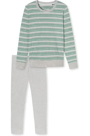Schiesser Dames pyjama badstof - Streep - Warme winter pyjama lange mouwen - Ronde hals - Met boordjes - 48