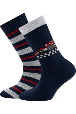 Ewers Kindersokken - 2-PACK - Donkerblauw en Grijs met Raceauto/Finishlijn & Donkerblauw/Grijs/Rood gestreept -39/42
