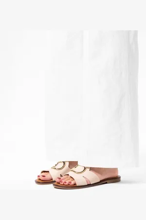 Manfield Dames - Witte leren slippers met chain