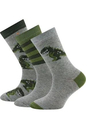 Ewers Kindersokken - 3-PACK - Lichtgrijs/Groen met Dinosaurus & Lichtgrijs/Groen Gestreept & Dinosaurussen met Sterren-31/34