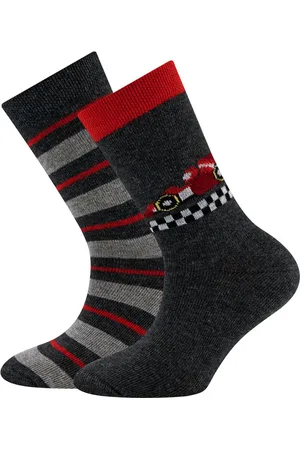 Ewers Kindersokken - 2-PACK - Donkergrijs en Rood met Raceauto/Finishlijn & Grijs en Rood gestreept -35/38