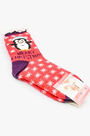 Merkloos Merino Wollen Kerstsokken - Donkerroze met Pinguïn- maat 35-38 - Kerstsokken - Huissokken - Antislip sokken - Warme sokken – Winter sokken