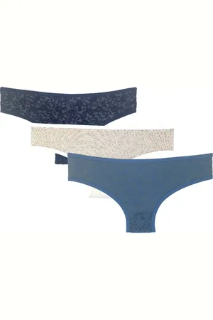 Merkloos 3 stuks Dames slips - bloemen- marineblauw-ecru-lichtblauw