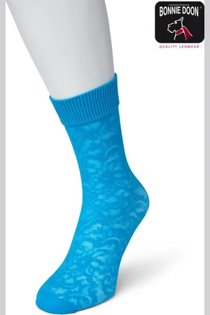Bonnie Doon Dames Sokken met Kant maat 36/42 Blauw - Panty Sokjes - Doorschijnende Sokken - Feestelijk - Semi Transparant - Kanten Sokken - Bloem Patroon - Uitstekende Pasvorm - Flower Sock - - BP201101.128