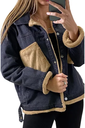 Merkloos Dilena fashion spijker jack faux fur zwart camel