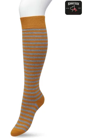 Bonnie Doon Dames Gestreepte Kniekousen Bruin/Grijs maat 36/42 - Knie Kousen - Streep Patroon - Strepen Print - Uitstekend draagcomfort - Basic Stripe Knee High - Kniesokken - Zakt niet af - OEKO-TEX - Okergeel - - BP211511.367